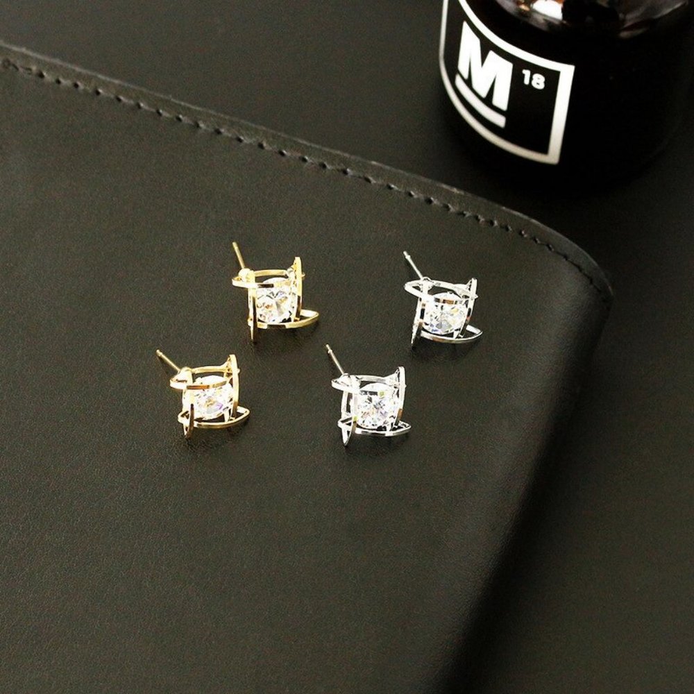 Geometric Hollow Crystal Cage Silver Earrings - Picture 2 of 7